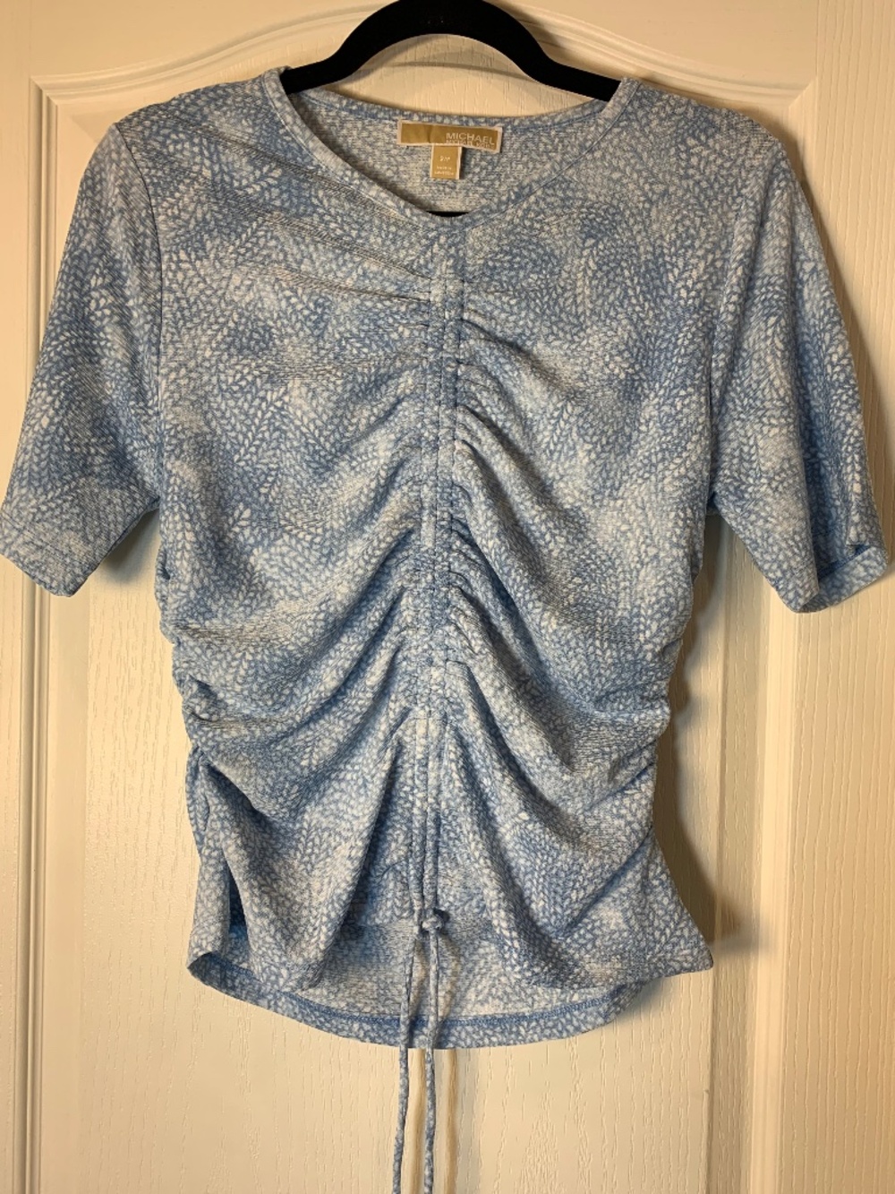 Michael Kors Ruched Drawstring Top Blue White Print Size Small Stretch